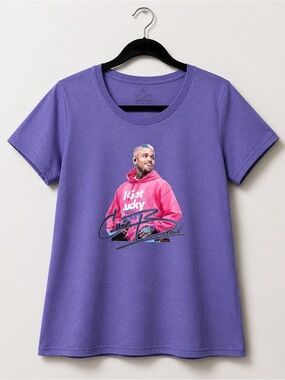 Purple “Chris Brown” Graphic Tee with Colorful Photo Print